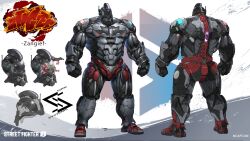 1boy character_name company_name glowing glowing_eyes highres mechanical_spine mohawk multiple_views official_alternate_costume official_art red_eyes reference_sheet robot standing street_fighter street_fighter_6 turnaround zangief 