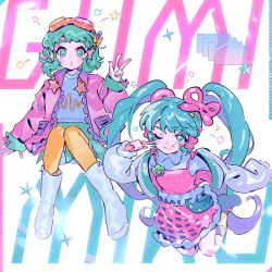  2girls arm_support boots character_name commentary_request dress full_body goggles goggles_on_head green_hair green_skirt gumi hatsune_miku highres index_finger_raised jacket long_hair mawarusanso multiple_girls one_eye_closed orange_pantyhose pantyhose pink_dress pink_jacket skirt twintails v vocaloid window_(computing) 