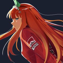  1girl alternate_costume animal_ears blunt_bangs closed_mouth ear_covers formula_one hairband highres horse_ears horse_girl logo long_hair marlboro orange_hair racing_suit red_racing_suit silence_suzuka_(umamusume) simple_background smile solo toyeeta_prius umamusume upper_body white_hairband 