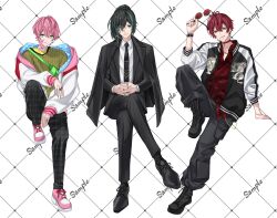  3boys alternate_costume antenna_hair arm_support black_boots black_hair black_jacket black_nails black_necktie black_pants black_suit blue_jacket boots bracelet center-flap_bangs chain chain_bracelet chain_necklace choker closed_mouth collared_shirt cross-laced_shoes crossed_legs dragon_print dress_pants dress_shoes eyes_visible_through_hair facepaint fanny_pack fishnet_top fishnets full_body green_bag green_eyes green_hair grin hair_between_eyes hair_over_one_eye highres holding holding_removed_eyewear interlocked_fingers invisible_chair jacket jacket_on_shoulders jewelry knee_up knight_a lace-up_boots letterman_jacket lineup long_hair long_sleeves looking_at_viewer male_focus monocle multicolored_hair multicolored_jacket multiple_boys nail_polish necklace necktie off_shoulder official_art open_clothes open_jacket own_hands_together pants pink_hair pink_shoes plaid_clothes plaid_pants polka_dot polka_dot_jacket ponytail red-tinted_eyewear red_choker red_hair red_shirt sample_watermark shirt shiyun_(utaite) shoes short_hair sitting smile sneakers soiya_(soiyaaaaaa2) splatter_print straight-on streaked_hair suit suit_jacket teruto_(utaite) tinted_eyewear two-tone_jacket untucked_shirt unworn_eyewear utaite v-shaped_eyebrows vau_(utaite) wallet_chain watermark white_background white_jacket white_shirt wrist_belt yellow_eyes yellow_shirt 