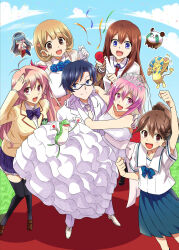  1boy 5girls 5pb. bad_id bad_pixiv_id blazer blue_hair bow breasts brown_hair brown_jacket chaos;child chaos;head chuo_tanegashima_high_school_uniform company_connection day dress gero-froggy hair_bow highres jacket lapels large_breasts long_sleeves looking_at_viewer makise_kurisu miyashiro_takuru motsu_(inoue_a75) multiple_girls narusawa_ryouka notched_lapels occultic;nine onoe_serika phinx_(robotics;notes) pink_hair red_bow red_hair red_trim robotics;notes sakihata_rimi school_uniform science_adventure senomiya_akiho smile sphinx steins;gate suimei_academy_school_uniform upa_(steins;gate) wedding_dress zonko_(occultic;nine) 