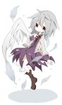  1girl bangs boots bowtie feathered_wings feathers full_body grey_hair hair_between_eyes jacket kishin_sagume large_wings light_smile long_sleeves looking_at_viewer mono_(mononomo) red_eyes short_hair simple_background single_wing skirt skirt_set solo tareme touhou white_background white_wings wings 