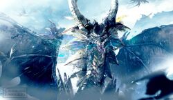  blizzard blue_sky final_fantasy final_fantasy_xiv horns looking_at_viewer mountainous_horizon no_humans scales sky spread_wings tongue tongue_out watermark yabuka_shiwa 