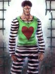  1boy clenched_hand collarbone heart inaba-no-kuni-tottori iron_bars looking_at_viewer muscle onepunch_man prison_clothes puri_puri_prisoner solo striped_clothes 