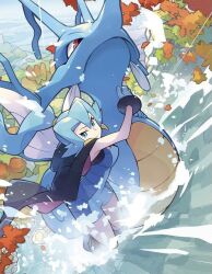  1girl autumn black_cape blue_bodysuit blue_eyes blue_hair bodysuit breasts cape clair_(pokemon) dragon earrings high_ponytail hug jewelry kingdra light_88 long_hair outdoors pokemon pokemon_hgss ponytail water waterfall 