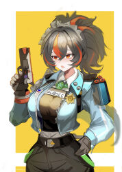  1girl azuki_pii blue_jacket checkered_necktie hairband high-waist_pants highres jacket metal_hairband multicolored_hair necktie pants police police_badge police_uniform policewoman ponytail red_hair red_streaks streaked_hair tight_clothes tight_pants zenless_zone_zero zhu_yuan 