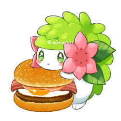  aimi_(aimia492) bacon burger commentary_request egg_(food) food green_eyes meat no_humans pokemon pokemon_(creature) pokemon_focus shaymin shaymin_(land) simple_background solo twitter_username white_background 