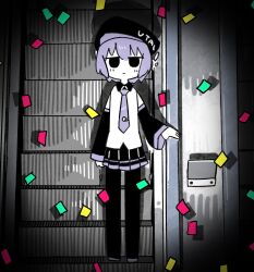  1girl beret black_eyes black_skirt boots closed_mouth collared_shirt confetti copyright_name detached_sleeves escalator expressionless full_body hat highres inemuri_(jdq5e) jitome looking_at_viewer necktie pleated_skirt purple_hair purple_necktie shadow shirt short_hair skirt sleeveless sleeveless_shirt solo standing straight-on thigh_boots urami_koushin_(utau) utane_uta utau vignetting wide_sleeves 