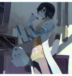  1boy android belt black-framed_eyewear black_eyes black_hair black_pants chromatic_aberration clipboard coat cousins cowboy_shot epictale from_below ghost glasses gloves hair_over_one_eye hand_up hat heart_belt highres holding holding_clipboard holding_pen indoors lab_coat lapels looking_at_viewer male_focus mechanical_arms mettaton mettaton_ex monitor multicolored_hair napstablook nurse_cap one_eye_covered orange_sweater pants paper parted_lips pen pink_belt pink_hair profile rectangular_eyewear ribbed_sweater ruannu semi-rimless_eyewear short_hair short_sleeves sideways_glance standing streaked_hair sweater table turtleneck turtleneck_sweater two-tone_hair underlighting undertale utdr_(toby_fox) white_coat white_gloves white_hat 