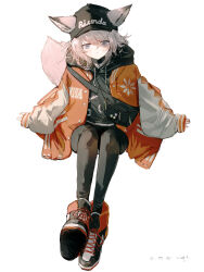  1girl absurdres animal_ears arknights black_pants ears_through_headwear fox_ears fox_tail hat highres hood jacket open_clothes open_jacket orange_jacket pants pppmepl shoes simple_background solo sussurro_(arknights) tail white_background 