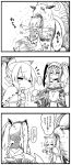  2girls 4koma armor boots carrying chankodining_waka comic dress helmet highres monochrome monster monster_hunter mouth_hold multiple_girls pointy_ears ponytail translation_request twintails 