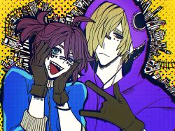  2boys :&lt; :d \m/ ahoge alternate_costume andrew_kreiss blonde_hair blue_track_suit brown_gloves brown_hair facial_mark fang gloves hair_between_eyes hair_over_one_eye half-closed_eye hands_on_own_face hit-hit hood hood_up hoodie identity_v luca_balsa male_focus matryoshka_(vocaloid) multicolored_eyes multiple_boys ponytail purple_hoodie short_ponytail smile track_suit uneven_eyes 