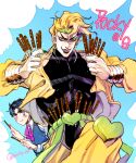  2boys black_lipstick catsizuru dio_brando headband jacket jojo_no_kimyou_na_bouken jonathan_joestar lipstick makeup multiple_boys parody pocky yellow_jacket 