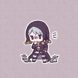  1boy black_coat black_hat chibi chibi_only coat grey_background grey_hair hand_on_own_chin hand_on_own_hip hat highres jojo_no_kimyou_na_bouken kasasagi_(hinagi) male_focus metallica_(stand) pants red_eyes risotto_nero solo stand_(jojo) striped_clothes striped_pants vento_aureo 