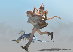  1girl artist_name braid braided_ponytail brown_hair commentary demizu_posuka dragon_tail dragon_wings house long_hair original short_hair tail wings 