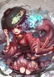  1girl blue_hair bowl colored_eyelashes frills hair_between_eyes hat highres japanese_clothes kimono kiyomasa_ren kneeling looking_at_viewer minigirl obi open_mouth outstretched_arm oversized_object pointy_ears red_eyes revision sash short_hair smile solo sukuna_shinmyoumaru touhou 