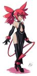  1girl anklet bare_shoulders bat_wings bigdead93 black_dress boots commentary demon_girl demon_tail disgaea dress earrings elbow_gloves etna eyebrows eyebrows_visible_through_hair flat_chest full_body gloves gown halterneck high_heel_boots high_heels highres jewelry long_hair long_legs mini_wings red_eyes redhead scrunchie side_slit skull_earrings slit_pupils smile solo tail thick_eyebrows thigh-highs thigh_boots twintails wings 