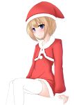  1girl blanc blue_eyes blush brown_hair christmas hat jacket looking_at_viewer neptune_(series) santa_costume santa_hat sawaki_koma short_hair solo thigh-highs 