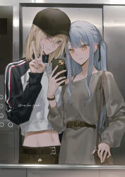  2girls absurdres bag bang_dream! bang_dream!_it&#039;s_mygo!!!!! baseball_cap belt black_belt black_hat blonde_hair blue_hair bracelet brown_bag cellphone character_charm charm_(object) closed_mouth crop_top dress elevator grey_dress hair_between_eyes hat highres holding holding_phone jewelry lingjiu_yuki long_hair long_sleeves medium_hair midriff mirror_selfie misumi_uika multicolored_hair multiple_girls navel phone selfie shoulder_bag sidelocks single_off_shoulder smartphone togawa_sakiko two-tone_hair v violet_eyes 