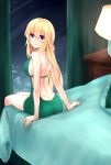  1girl bare_back bed blonde_hair blue_eyes city dress hotel_room lamp long_hair looking_at_viewer looking_back neptune_(series) night vert 