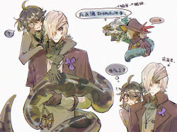  2boys ? ahoge andrew_kreiss andrew_kreiss_(desolate_sand) andrew_kreiss_(excavation_leader) ascot bandaged_head bandages bandana blonde_hair brown_capelet brown_gloves brown_hat bruise bruised_eye capelet carrying carrying_person chibi cross cross_necklace expressionless facial_mark flower gloves green_ascot green_eyes hair_over_one_eye hat highres hit-hit identity_v injury iris_(flower) jewelry lamia looking_at_another looking_at_viewer luca_balsa luca_balsa_(boidae) luca_balsa_(viper) male_focus monocle monster_girl multiple_boys necklace official_alternate_costume red_eyes uneven_eyes white_hair 