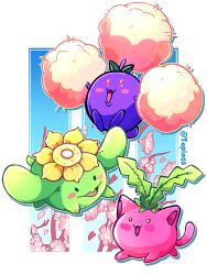  absurdres artist_name blue_skin colored_skin evolutionary_line green_skin highres hoppip jumpluff leaf no_humans open_mouth pink_skin pokemon pokemon_(creature) skiploom taplaos 