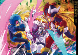  4boys android arm_cannon armor biometal black_eyes black_shirt blonde_hair blue_armor blue_eyes blue_helmet blue_pants brown_gloves cyber_elf_(mega_man) debris dr._weil_(mega_man) energy_blade energy_sword english_text fighting_stance forehead_jewel from_behind gloves helmet holding holding_sword holding_weapon jewelry lab_coat long_hair looking_at_another male_focus mega_man_(series) mega_man_zero_(series) multiple_boys nasu_(roda_de_estrela) old old_man omega_(mega_man) pants ponytail red_armor red_helmet shirt size_difference standing sword weapon white_armor white_gloves white_helmet x_(mega_man) z_saber zero(z)_(mega_man) zero_(mega_man) 