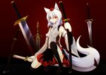  1girl animal_ears black_legwear breasts detached_sleeves female garo_(series) gradient gradient_background hat highres inubashiri_momiji inyuppo katana looking_at_viewer open_mouth pom_pom_(clothes) red_eyes short_hair silver_hair skirt solo sword tail tattoo thigh-highs tokin_hat touhou weapon wolf_ears wolf_tail 