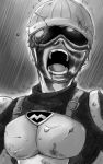  1boy crack goggles greyscale helmet hiiragi_(kendarixoxo) monochrome mumen_rider onepunch_man open_mouth rain solo upper_body 