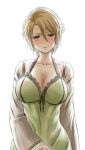  1girl bangs blonde_hair blush breasts brown_eyes collarbone dress gareth_(granblue_fantasy) granblue_fantasy hair_between_eyes highres kanno_takanori large_breasts long_sleeves looking_at_viewer open_mouth short_hair simple_background solo white_background 