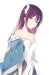  1girl bangs bare_shoulders blue_eyes breasts cleavage feathers hair_feathers long_hair looking_at_viewer lp_(hamasa00) off_shoulder original purple_hair simple_background solo upper_body white_background 