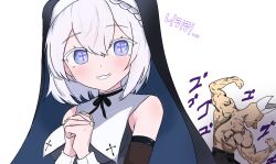  ... 1girl 1other :3 animal back_muscles bald bare_shoulders beak bird black_bow black_dress black_gloves black_male_underwear blush bow bowtie braid brand_name_imitation breasts colored_skin commentary_request cross cross-shaped_pupils dot_nose dress duck elbow_gloves flexing gloves grin hair_between_eyes hands_up hat highres korean_commentary korean_text latin_cross looking_at_viewer male_underwear medium_breasts medium_hair menacing_(jojo) mitre muscular nun own_hands_clasped own_hands_together personification pose_request raised_eyebrows simple_background sketch sleeve_cuffs smile solid_circle_eyes standing stardays symbol-shaped_pupils teeth terri_nunna underwear upper_body veil violet_eyes white_background white_hair wingcat wrist_cuffs yellow_skin 