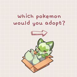  :3 animal_focus blush box cardboard_box cat closed_eyes closed_mouth english_text in_box in_container no_humans pokemon pokemon_(creature) pokemon_focus sevi_(seviyummy) simple_background smile solo sprigatito tail 
