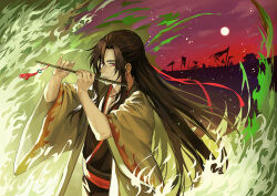  1boy aura black_hair black_hanfu brown_hair chenqing_flute chinese_clothes clouds coat deer_(deer423-81) dizi english_commentary fighting_stance fire flag flute flute_tassel full_moon green_fire grey_coat hair_down hair_ribbon half_updo hands_up hanfu highres holding holding_flute holding_instrument holding_weapon instrument light_particles long_hair long_sleeves looking_at_viewer male_focus modao_zushi moon music night night_sky official_alternate_costume official_alternate_hairstyle open_clothes open_coat outdoors parted_lips playing_flute playing_instrument red_eyes red_ribbon red_sash red_sky ribbon robe sash sidelocks sky smile solo star_(sky) starry_sky tassel transverse_flute upper_body very_long_hair weapon wei_wuxian wei_wuxian_(yiling_laozu) wide_sleeves 