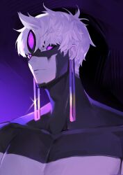  00ichigoovo00 1boy absurdres adam&#039;s_apple alternate_form closed_mouth collarbone commentary dandadan earrings enjoji_jin evil_eye_(dandadan) highres jewelry looking_at_viewer male_focus pectorals ringed_eyes short_hair solo symbol-only_commentary third_eye upper_body violet_eyes white_hair 