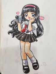  1girl :d black_hair black_shoes black_skirt blue_eyes camcorder camera cardcaptor_sakura commentary_request daidouji_tomoyo full_body hairband hand_on_own_cheek hand_on_own_face hands_up heart highres holding holding_camera kokomahi long_hair mary_janes miniskirt neckerchief open_mouth pink_hairband pleated_skirt puffy_short_sleeves puffy_sleeves red_neckerchief sailor_collar school_uniform serafuku shirt shoes short_sleeves simple_background skirt smile socks solo standing traditional_media very_long_hair video_camera white_background white_sailor_collar white_shirt white_socks 