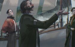  1girl 2boys arms_behind_back black_hair brown_hair brown_pants disco_elysium facial_hair from_side glasses green_jacket harry_du_bois highres jacket joyce_messier kim_kitsuragi male_focus mature_male mimulishizi multiple_boys mustache orange_jacket outdoors pants profile rain round_eyewear sail ship short_hair upper_body watercraft 