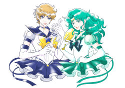  1girl absurdres aqua_bow aqua_eyes aqua_hair aqua_sailor_collar back_bow bishoujo_senshi_sailor_moon bishoujo_senshi_sailor_moon_stars blonde_hair blue_bow blue_bowtie blue_choker blue_eyes blue_sailor_collar blue_skirt bow bowtie brooch choker circlet collarbone commentary_request deep_aqua_mirror earrings elbow_gloves eyeshadow gloves green_eyeshadow highres holding holding_sword holding_weapon jewelry kaiou_michiru layered_skirt lips long_hair looking_at_viewer magical_girl makeup miniskirt parted_hair puffy_short_sleeves puffy_sleeves sailor_collar sailor_neptune sailor_senshi_uniform sailor_uranus short_hair short_sleeves simple_background skirt solo space_sword star_(symbol) star_brooch star_choker star_earrings stud_earrings super_sailor_neptune_(stars) super_sailor_uranus_(stars) sword ten&#039;ou_haruka wavy_hair weapon wheather white_background white_gloves yellow_bow 