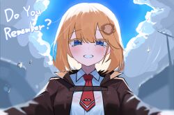  1girl blonde_hair blue_eyes blue_sky blush bob_cut breasts brown_jacket clouds cloudy_sky collared_jacket collared_shirt commentary crying crying_with_eyes_open day dot_nose english_text from_below hair_between_eyes hair_ornament hololive hololive_english jacket long_sleeves looking_at_viewer medium_breasts medium_hair necktie open_mouth outdoors power_lines raised_eyebrows red_necktie shirt short_necktie sky smile solo swept_bangs teardrop tears upper_body watson_amelia watson_amelia_(1st_costume) white_shirt wingcat 