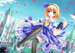  1girl alice_margatroid alice_margatroid_(pc-98) artist_request ascot black_legwear blonde_hair blue_eyes blush book bow flying frills grimoire hairband highres holding holding_book mary_janes open_mouth petals ribbon shoes thigh-highs touhou touhou_(pc-98) wrist_cuffs 