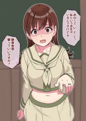  1girl absurdres breasts brown_eyes brown_hair highres indoors jewelry kantai_collection large_breasts long_hair midriff miniskirt nanafumi_(nanafumino) navel neckerchief ooi_(kancolle) ooi_kai_ni_(kancolle) pleated_skirt ring sailor_collar school_uniform serafuku skirt solo speech_bubble standing translation_request wedding_ring yellow_neckerchief yellow_sailor_collar yellow_serafuku yellow_skirt 