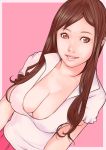  1girl breasts brown_eyes brown_hair cleavage dutch_angle kusagami_style large_breasts long_hair mole mole_under_eye original parted_lips pink_background short_sleeves simple_background solo upper_body 