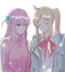  2girls appleajyuxxxx blonde_hair blue_eyes bocchi_the_rock! bow bowtie cardigan closed_eyes closed_mouth collared_shirt commentary_request cube_hair_ornament earphones earphones gotoh_hitori grey_cardigan hair_ornament ijichi_nijika jacket listening_to_music long_hair multiple_girls parted_lips pink_hair pink_jacket polka_dot polka_dot_bow polka_dot_bowtie red_bow red_bowtie shared_earphones shirt side_ponytail sidelocks simple_background straight_hair track_jacket upper_body white_background white_shirt wing_collar 
