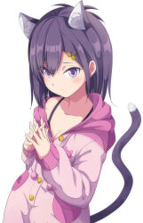  1girl alternate_costume animal_ears bra breasts cat_ears cat_girl cat_tail gabriel_dropout hair_ornament highres looking_at_viewer medium_breasts official_alternate_costume pajamas purple_hair short_hair simple_background solo standing tail ukami underwear vignette_tsukinose_april violet_eyes white_background 