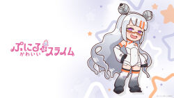  1girl absurdres anime_coloring arm_at_side arm_wrap artist_request asymmetrical_bangs bare_shoulders black_gloves black_mouth black_shoes blunt_ends blush bodysuit chibi chibi_only collared_bodysuit commentary_request company_name copyright_name copyright_notice covered_navel detached_sleeves dot_nose double_bun drop_shadow flat_chest gelee_(puniru_wa_kawaii_slime) gloves gradient_eyes gradient_hair gradient_thighhighs grey_hair hair_bun hand_on_own_hip hexagon_print highres legs_apart long_hair long_sleeves looking_at_viewer mandarin_collar monster_girl multicolored_eyes multicolored_hair official_art official_wallpaper open_mouth orange-framed_eyewear orange_hair print_bodysuit print_sleeves puniru_wa_kawaii_slime raised_inner_eyebrows ringed_eyes robot_girl second-party_source semi-rimless_eyewear shoes sidelocks simple_background sleeveless sleeveless_bodysuit slime_(substance) slime_girl slime_hair smile solo standing star_(symbol) star_symbol_background streaked_hair tape thigh-highs tongue tube_socks under-rim_eyewear very_long_hair violet_eyes wavy_hair white_bodysuit white_sleeves white_thighhighs white_unitard wide_sleeves 