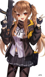  1girl :d absurdres black_bow black_gloves black_skirt blush bow breasts brown_hair fang fingerless_gloves girls_frontline gloves gun hair_between_eyes hair_bow hair_ornament hairclip hands_up highres holding holding_gun holding_weapon jacket long_hair looking_at_viewer medium_breasts messy_hair miniskirt open_clothes open_jacket orange_eyes pantyhose pleated_skirt shirt skirt smile solo standing submachine_gun thigh_strap twintails ump9_(girls&#039;_frontline) v very_long_hair w_arms weapon white_shirt zen.nico 