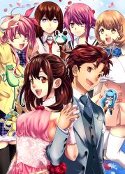  1boy 5girls :d bare_shoulders blue_eyes blue_hair blush breasts brown_eyes brown_hair chaos;child chaos;head closed_eyes dress flower formal_clothes gero-froggy gloves hair_ornament hekiho_academy_school_uniform highres holding_hands ikuhashi_muiko long_hair makise_kurisu multiple_boys multiple_girls narusawa_ryouka necktie occultic;nine onoe_serika open_mouth phinx_(robotics;notes) pink_eyes pink_hair ponytail red_eyes red_hair robotics;notes sakihata_rimi school_uniform science_adventure senomiya_akiho short_hair skirt smile steins;gate suimei_academy_school_uniform thigh-highs upa_(steins;gate) yashio_kaito zonko_(occultic;nine) 