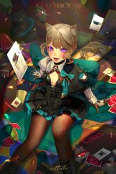  1girl :d animal_ears aqua_bow artist_name balloon black_dress black_gloves black_hat black_pantyhose bow breasts breasts_apart cat_ears cat_girl cleavage_cutout clothing_cutout cottolla dress facial_mark feet_out_of_frame from_above genshin_impact gloves grey_hair hat highres huge_bow long_hair looking_at_viewer lynette_(genshin_impact) lyney_(genshin_impact) no_bra on_ground pantyhose sharp_teeth short_dress sitting smile solo spotlight star_(symbol) star_facial_mark teeth top_hat unworn_hat unworn_headwear violet_eyes 