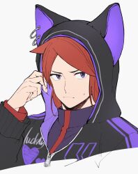  1boy animal_ears closed_mouth commentary_request cowlick fake_animal_ears hand_up highres hood hood_up jacket long_sleeves male_focus mocollie parted_bangs pokemon pokemon_hgss red_hair silver_(pokemon) solo sweatdrop turtleneck turtleneck_jacket upper_body zipper_pull_tab 