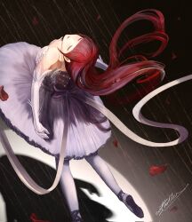  1girl arched_back artist_name ballerina ballet ballet_slippers closed_eyes cottolla dancing dark_background dress elbow_gloves foot_out_of_frame from_above gloves highres long_hair original pantyhose red_hair red_lips shadow signature solo spotlight tutu very_long_hair white_dress white_gloves white_pantyhose 